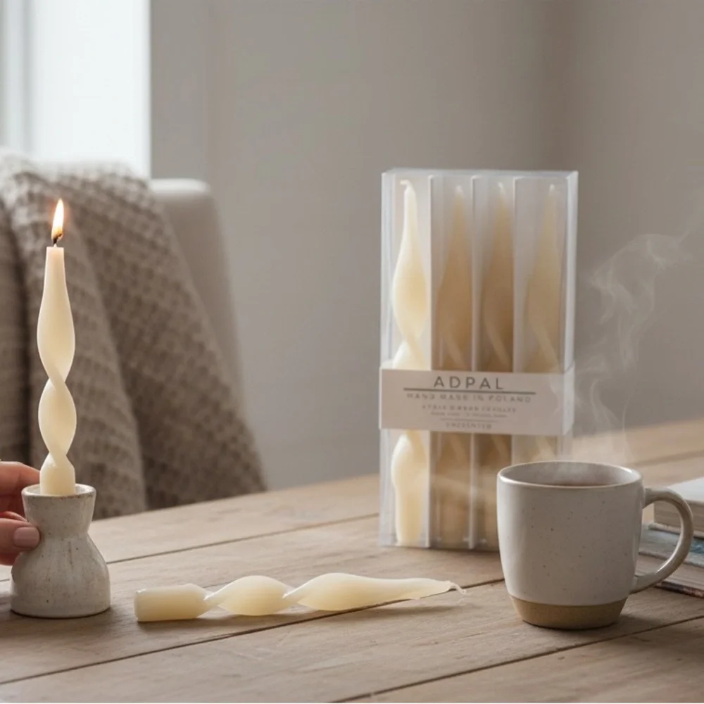 NWT ADPAL Ivory Spiral Ribbon Tapered Candlesticks Unscented & Handmade